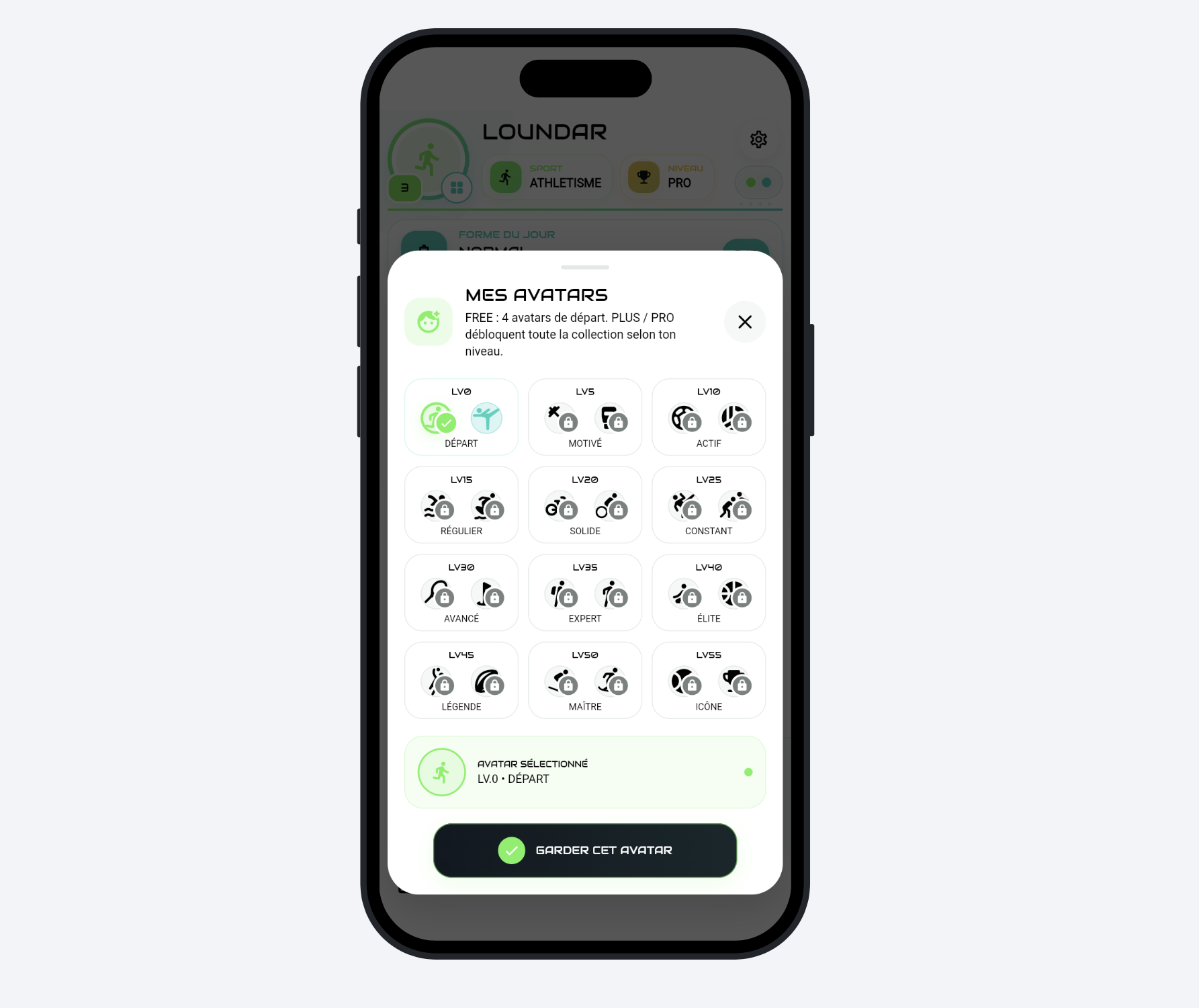 Écran MotiVie+ : avatars et paliers à débloquer