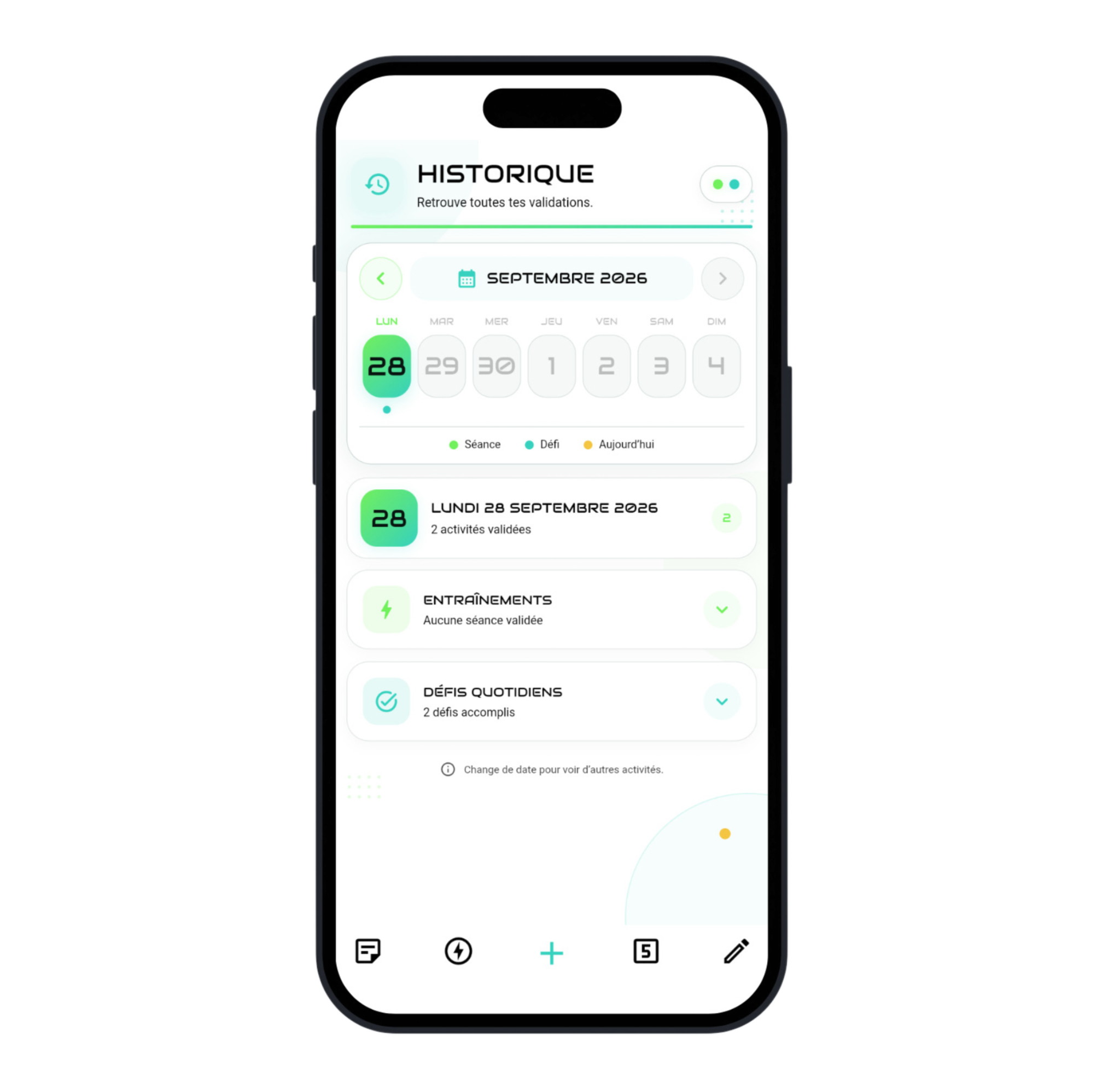 Véritable écran Historique MotiVie+ avec calendrier, dates et activités passées