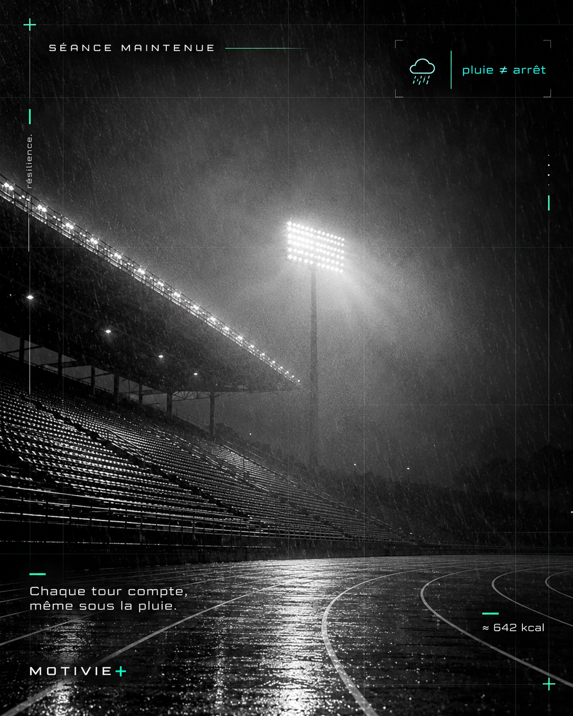 Stade et piste sous la pluie, visuel MotiVie+ Séance maintenue